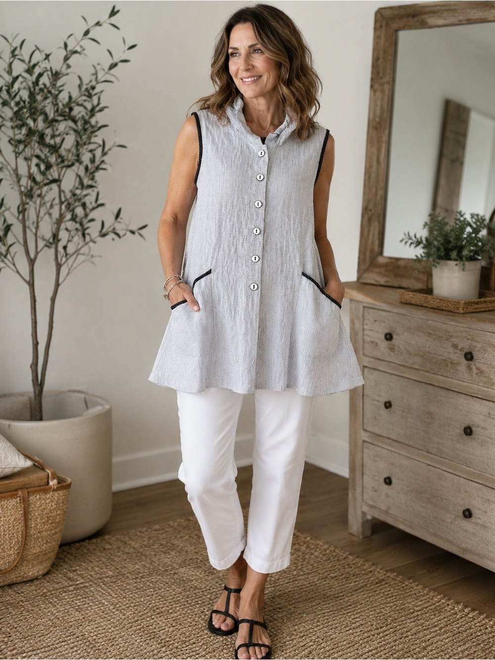 Yushi Made in USA Crinkle Check Tunic Top L White Black Sleeveless Front Pockets